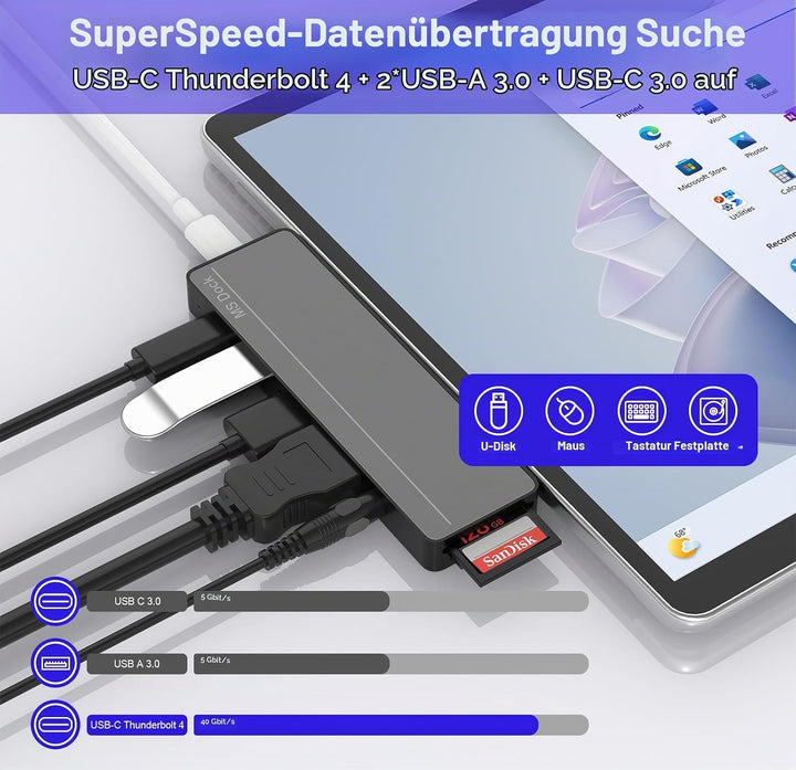 Surface Pro 8/9/10/11/X Docking Station Hub - Surface Pro 9 Adapter mit 4K HDMI, Thunderbolt 4 (8K@3