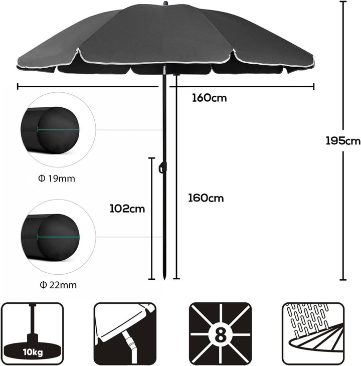 Sekey Sonnenschirm 160 cm mit Schutzhülle, Sonnenschirm Strand mit Neigungswinkel und Höhe verstellb
