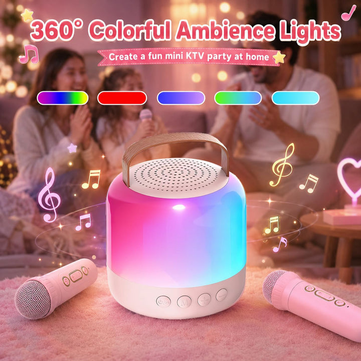 Karaoke Maschine mit 2 Drahtlosen Mikrofonen für Kinder, Tragbarer Bluetooth-Lautsprecher mit LED un
