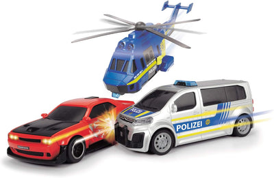 Dickie Toys Police Chase, Polizeiauto, Spielzeugauto, Helikopter, Spielset, 3er Set mit Licht & Soun