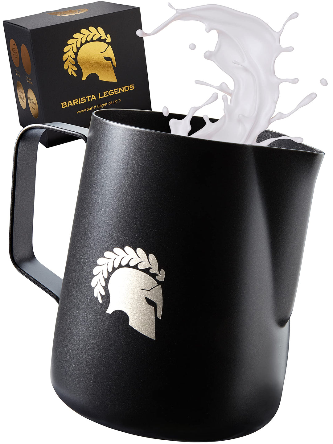 Barista Legends® Milchkännchen Edelstahl Schwarz matt 1000ml mit speziellem Latte Art Ausguss für pe