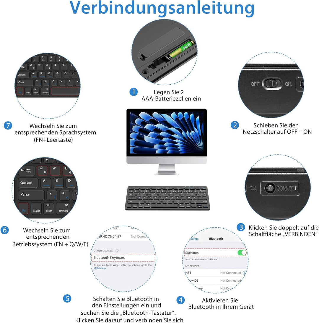 KBCASE Deutsche Bluetooth Tastatur für iPad/Samsung, Kabellose Tablet Tastatur für iPad,Samsung Gala
