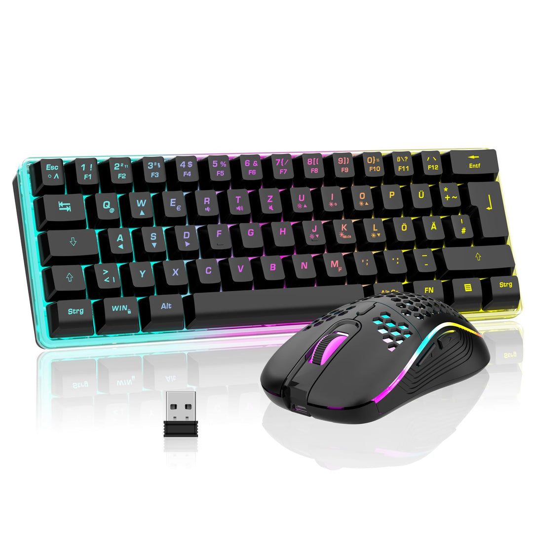 RedThunder K62 60% Kabelloses Gaming Tastatur und Maus Set, QWERTZ DE Layout, Wiederaufladbare Kompa