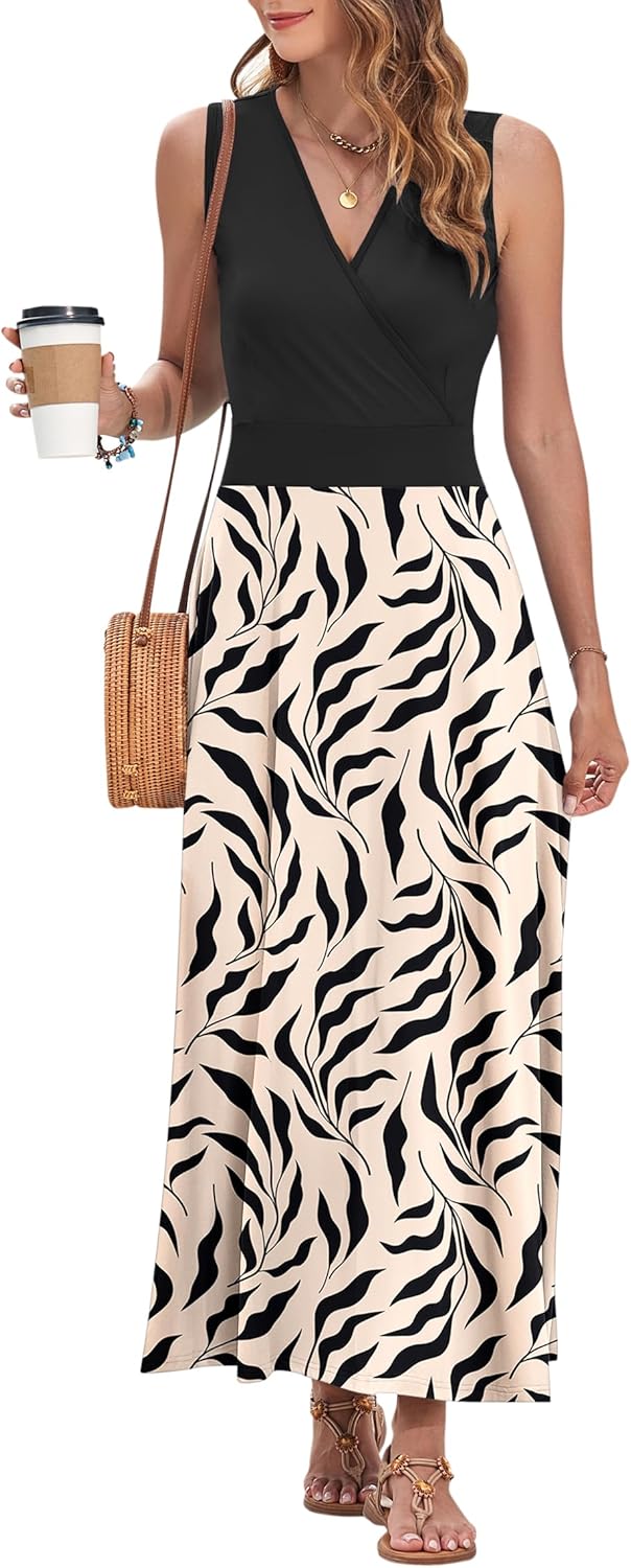AUSELILY Maxikleid Damen Sommer ärmellos Kleid Lang Elegant tiefem V-Ausschnitt Abendkleid mit Tasch