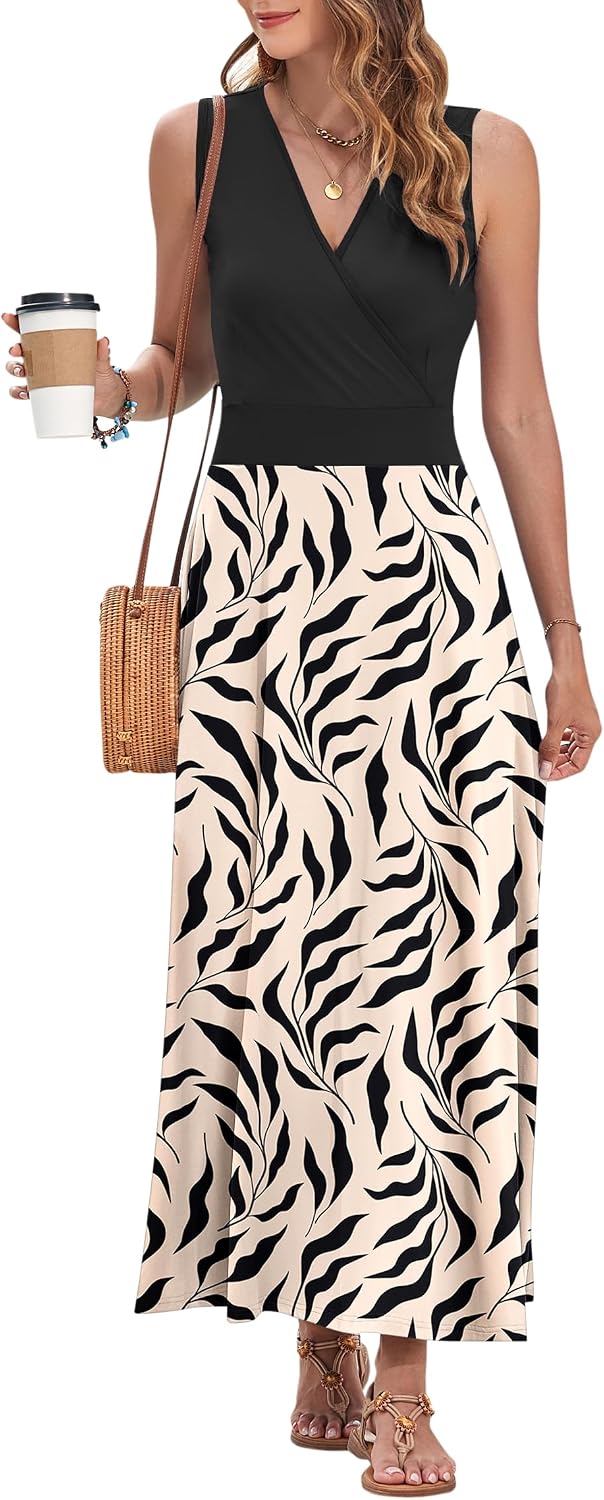 AUSELILY Maxikleid Damen Sommer ärmellos Kleid Lang Elegant tiefem V-Ausschnitt Abendkleid mit Tasch