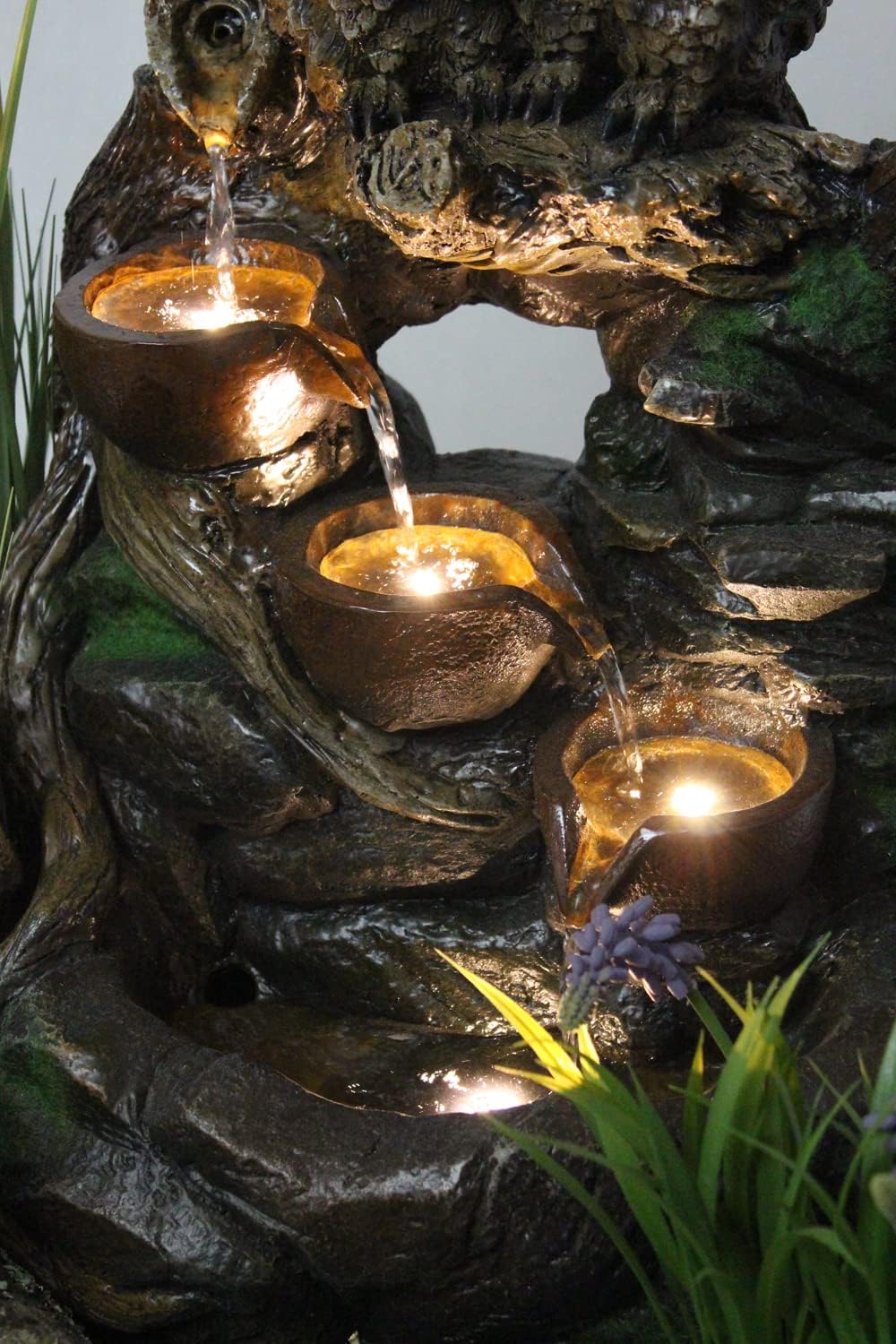 Gartenbrunnen Eule mit LED-Beleuchtung Springbrunnen Terrassenbrunnen Wasserspiel Zimmerbrunnen