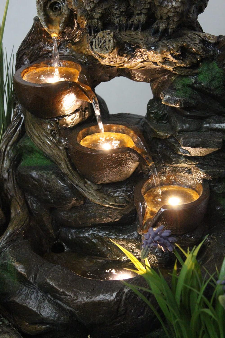 Gartenbrunnen Eule mit LED-Beleuchtung Springbrunnen Terrassenbrunnen Wasserspiel Zimmerbrunnen