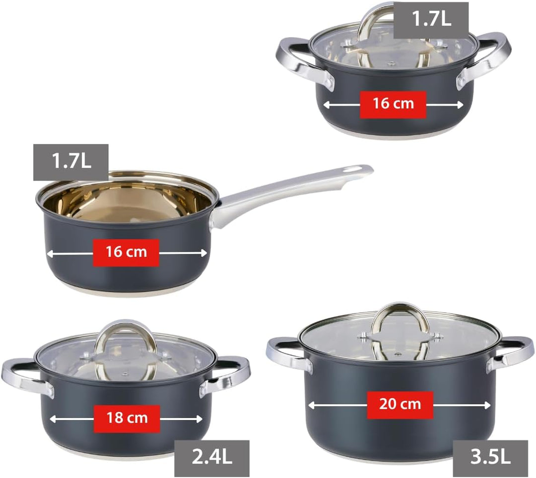 alpina Induktions-Topfset 4-teilig – Edelstahl Kochtöpfe mit Glasdeckel – Kochtopfset Geeignet für A