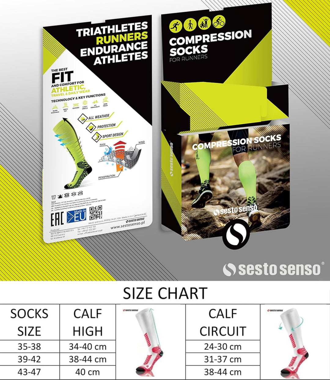 sesto senso 3 Paar Kompressionsstrümpfe Sport Damen Herren Bunt Hohe Sportsocken Laufsocken 35-38 3e