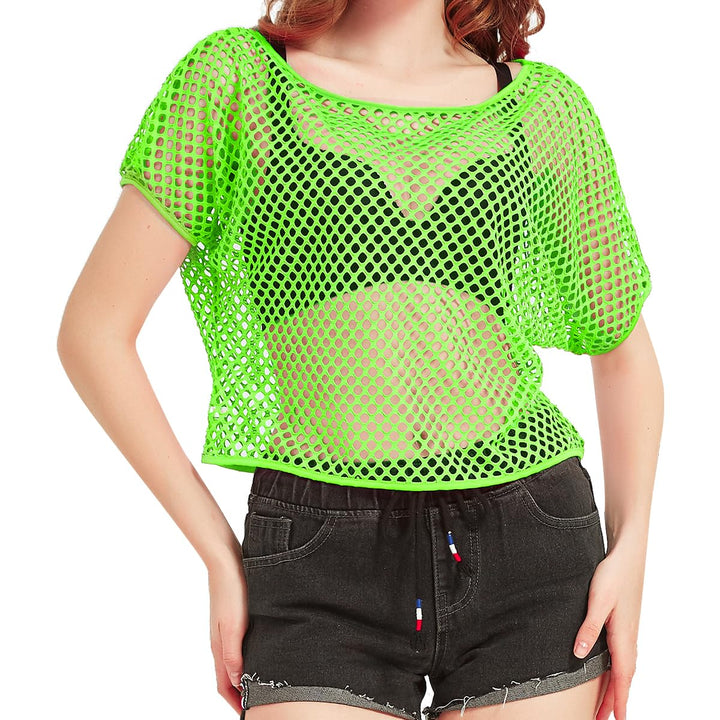 WILDPARTY 80er 90er Jahre Outfit Damen, Netzoberteil, Mesh Oberteil, Neon Shirt Aerobic Kostüm Sexy,