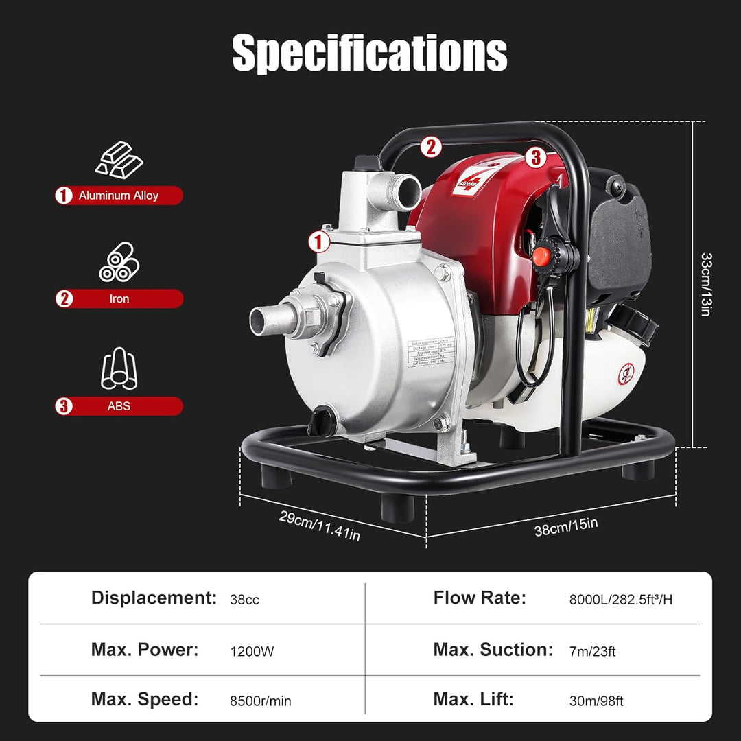 Benzin Wasserpumpe Luftgekühlter Einzylinder 4 Takt Benzinmotor 1” Anschluss Gartenpumpe Frischwasse