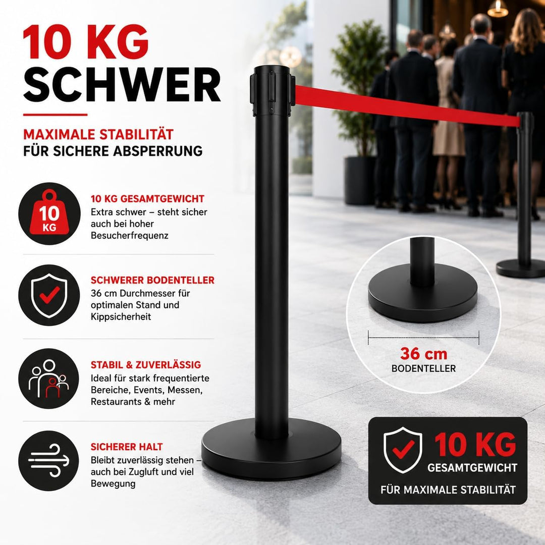heyChef - 2er-Set | 450cm Gurtband rot extra-lang, Absperrpfosten Edelstahl pulverbeschichtet schwar