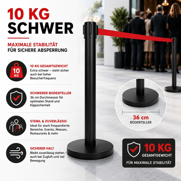 heyChef - 2er-Set | 450cm Gurtband rot extra-lang, Absperrpfosten Edelstahl pulverbeschichtet schwar