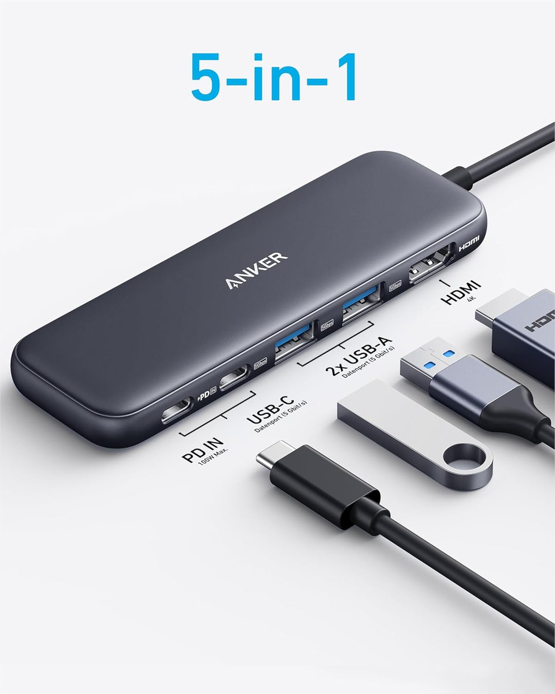 Anker USB C Hub, 332 USB-C Hub (5-in-1) mit 4K HDMI Display, 5Gbps Datenanschluss und 2 USB-A Ports