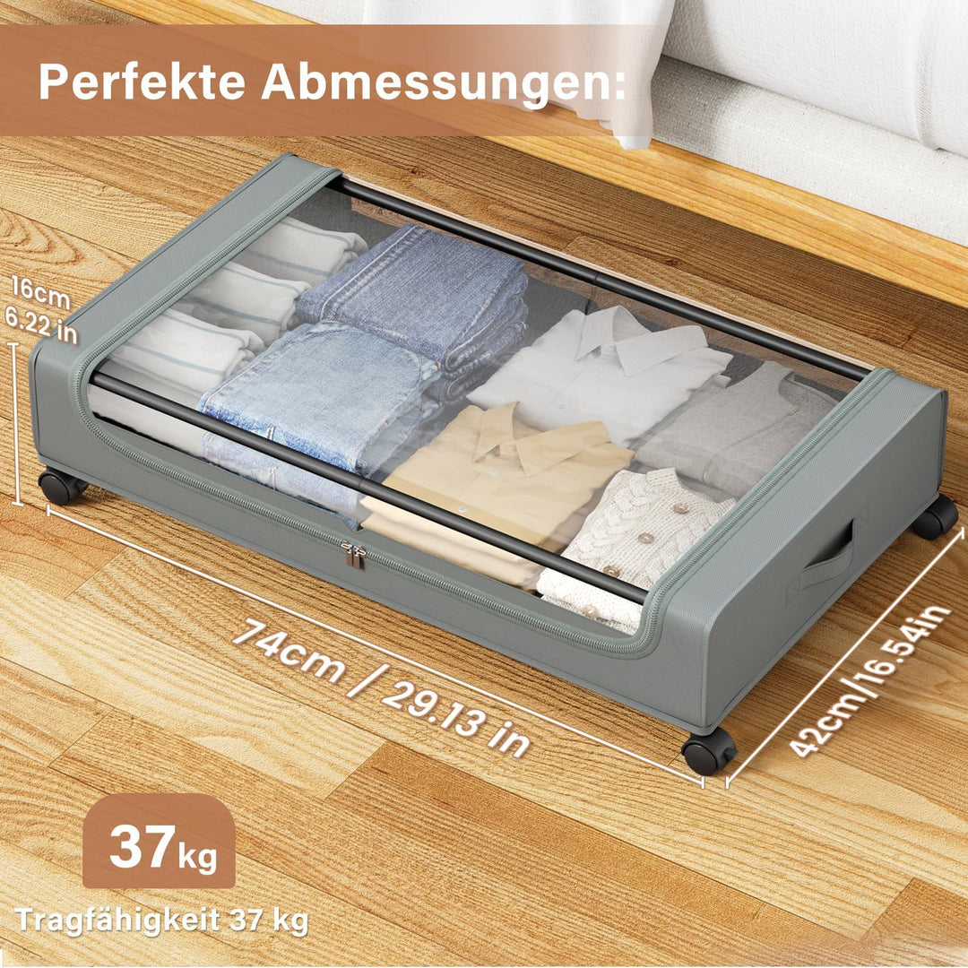 PHINOX Unterbett-Aufbewahrungsbox mit Rollen,2 Stück (74x42x16cm) - Graue Aufbewahrungsbox mit Klars