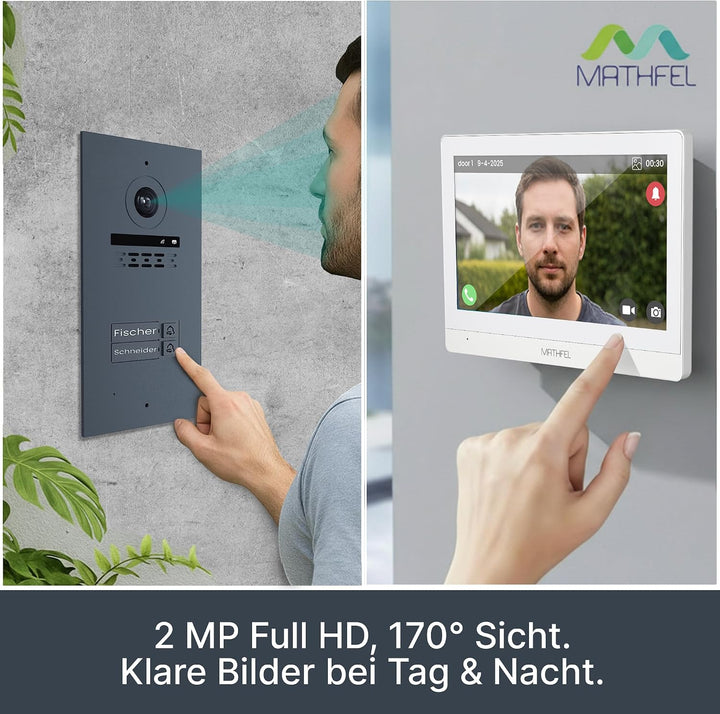 Mathfel 2-Draht Video Türsprechanlage mit Gravur – WLAN Monitor, 2MP HD Kamera, 170° Weitwinkel, Tür