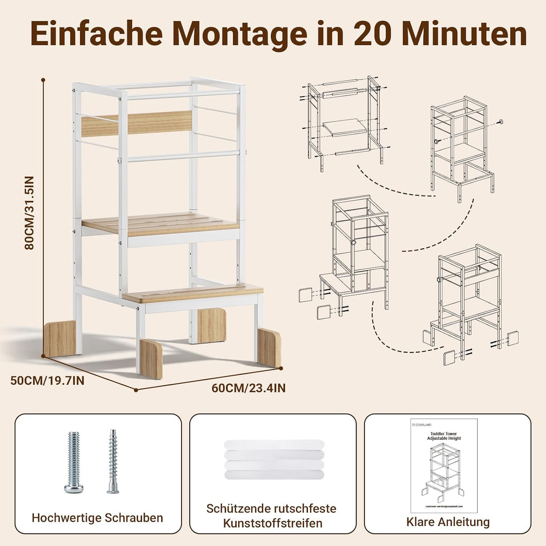COSYLAND Lernturm ab 1 Jahr Montessori Learning Tower Stahl Stabil, Weiss | Stabiler Toddler Tower m