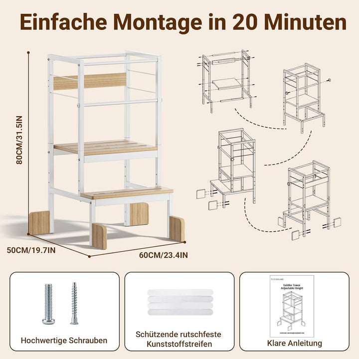 COSYLAND Lernturm ab 1 Jahr Montessori Learning Tower Stahl Stabil, Weiss | Stabiler Toddler Tower m
