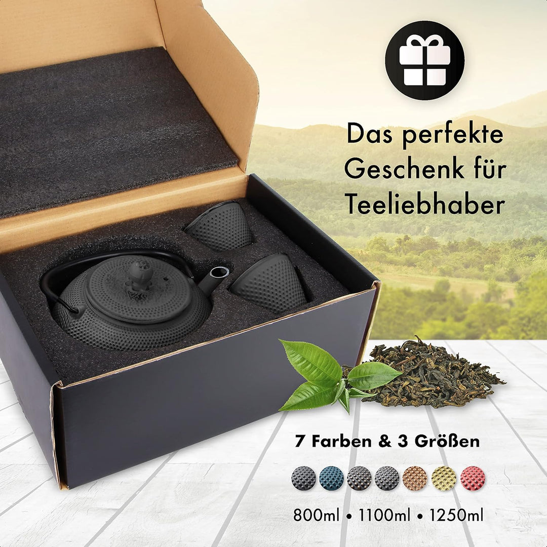 Tealøv TEEKANNE GUSSEISEN SET 1,1 LITER IN GESCHENKBOX | Komplettes Teeservice aus Gusseisen | Gusse