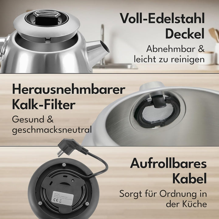 LEBENLANG Wasserkocher Edelstahl Temperatureinstellung – Leise, Temperaturanzeige & Warmhaltefunktio
