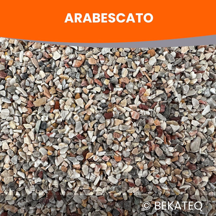 Steinteppich aussen bis 2,5qm - 25kg Marmorkies in Arabescato + 1K PU Kleber Bindemittel 1kg - Wette
