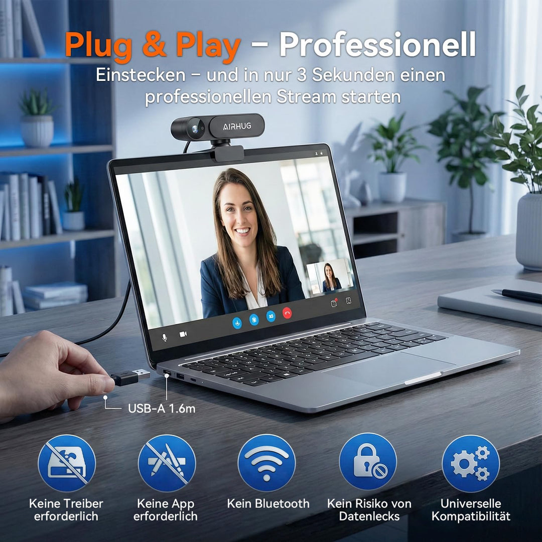 AIRHUG 4K UHD USB Webcam ohne Mikrofon, Datenschutzkappe für sichere Meetings- 16MP Sony Sensor, PDA