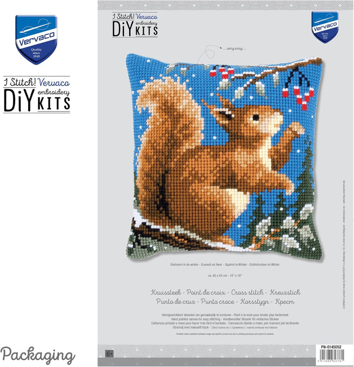 Vervaco Eichhörnchen im Winter Kreuzstichkissen, Stramin, Weiss, 40 x 40 x 0,3 cm