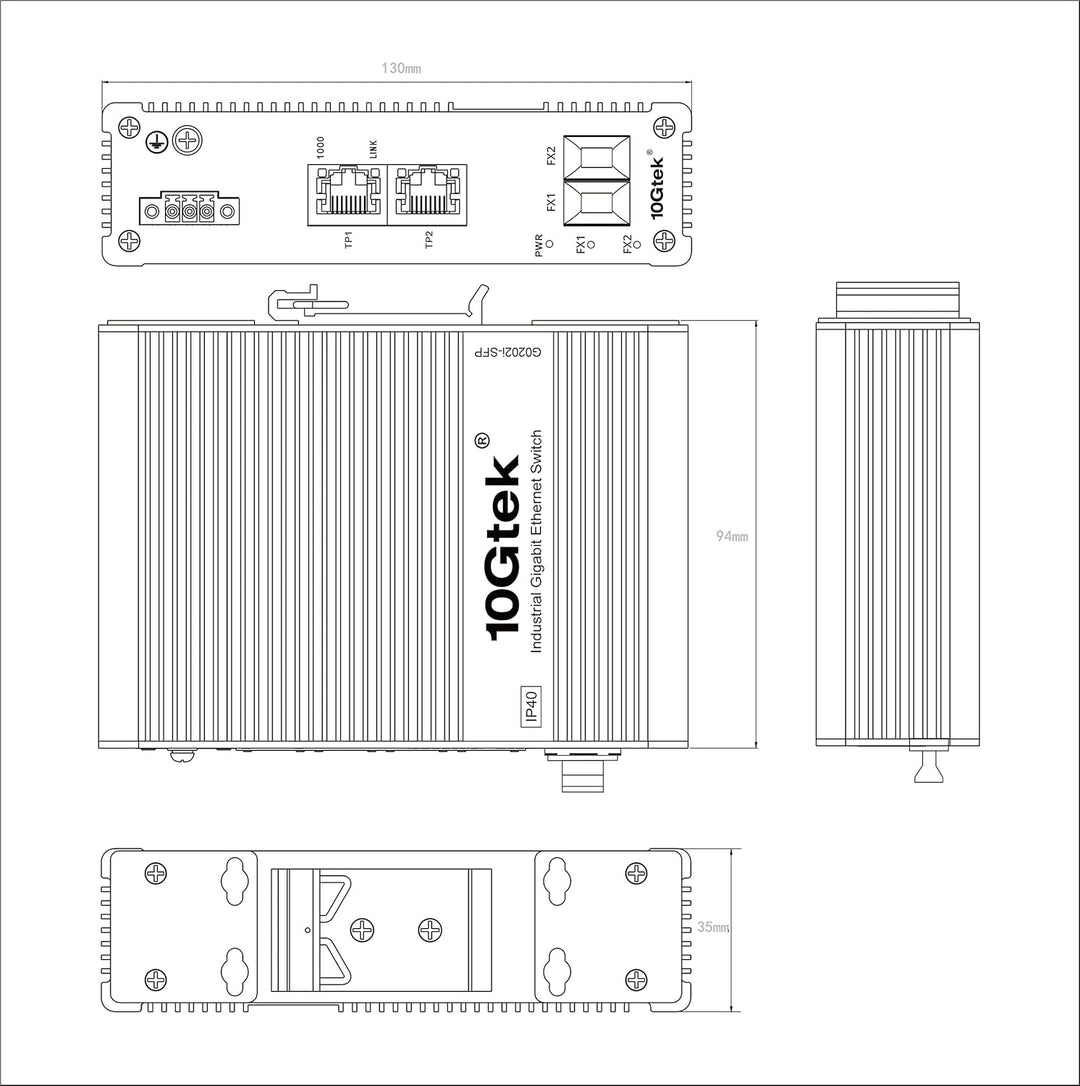 10Gtek 4-Port Industrial DIN-Rail Ethernet Switch Hutschiene, IP40, 2X Gigabit SFP Slot mit 20-km SF