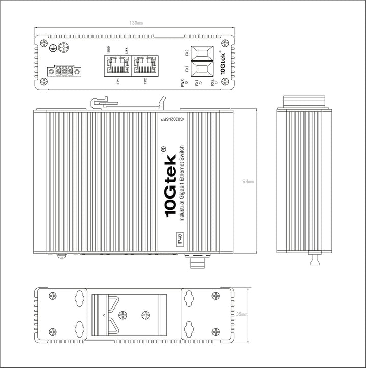 10Gtek 4-Port Industrial DIN-Rail Ethernet Switch Hutschiene, IP40, 2X Gigabit SFP Slot mit 20-km SF