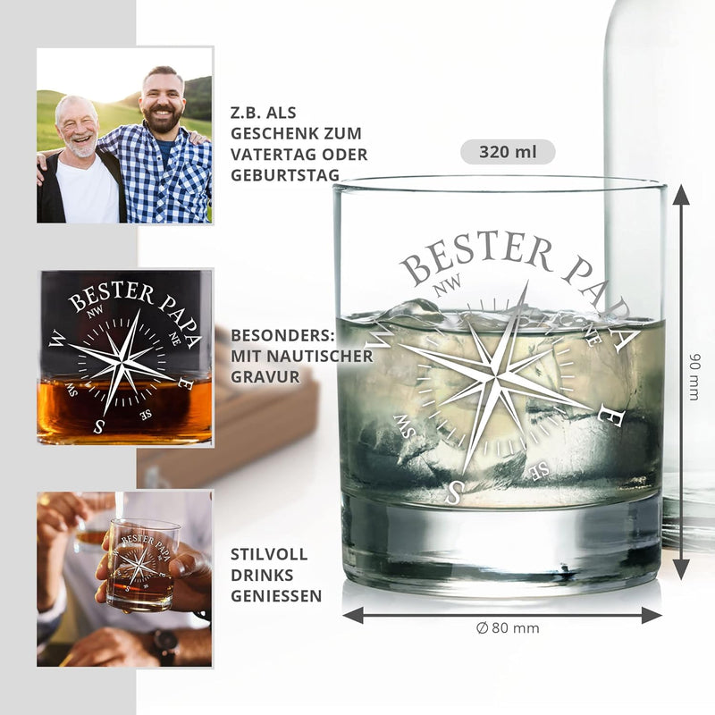 AMAVEL Whiskyglas mit Gravur Kompass, Tumbler Glas Bester Papa, Vatertagsgeschenk, Graviertes Whisky
