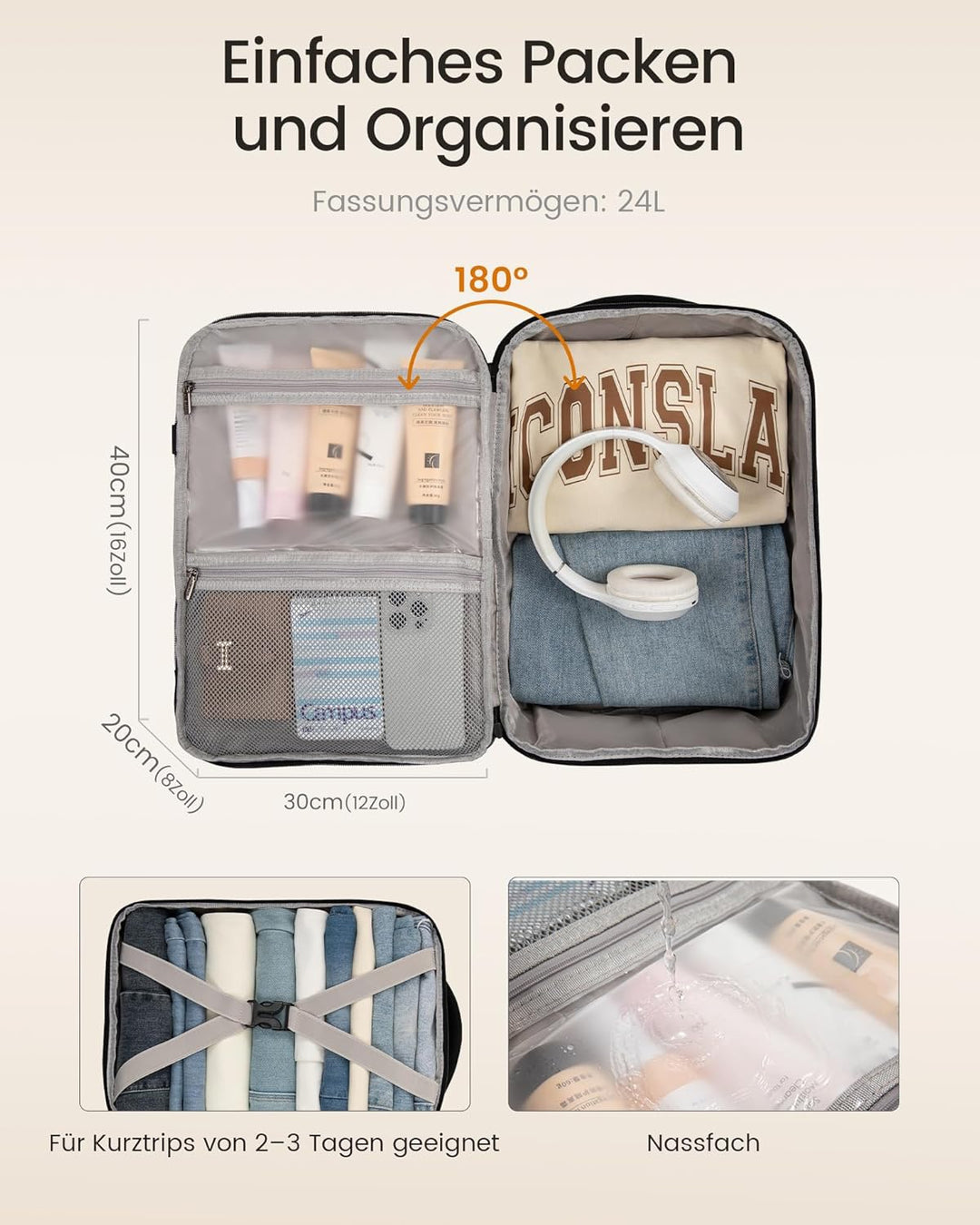 LOVEVOOK Ryanair Handgepäck 40x30x20, Rucksack Handgepäck Flugzeug Herren für 14 Zoll Laptop, 24L Kl