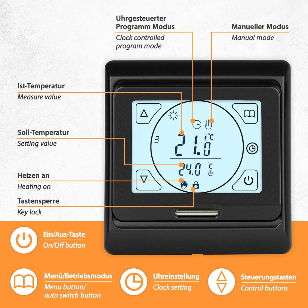 E91 Digital-Thermostat Raumregler mit Touch-Display und EXT. Sensor 10kOhm, für Fussbodenheizung ele
