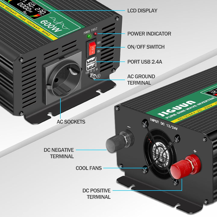 JIGUUN 600W Wechselrichter Reiner Sinus Spannungswandler 12v 230v Inverter Mit EU-Steckdose und 2 US