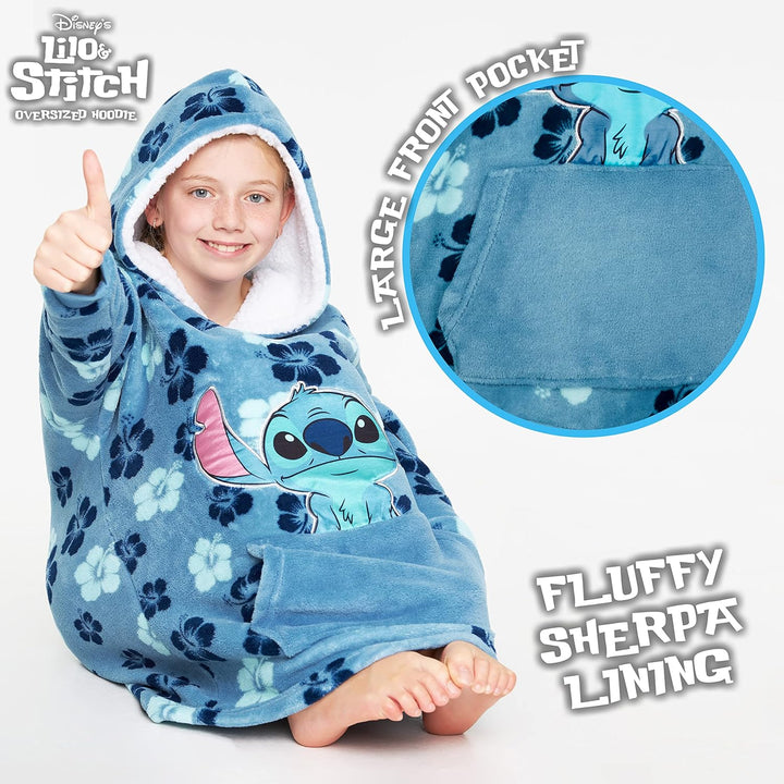 Disney Stitch Kapuzenpullover Mädchen, Übergrosse Hoodie Decke Kinder mit Sherpa-Kapuze und Kängurut