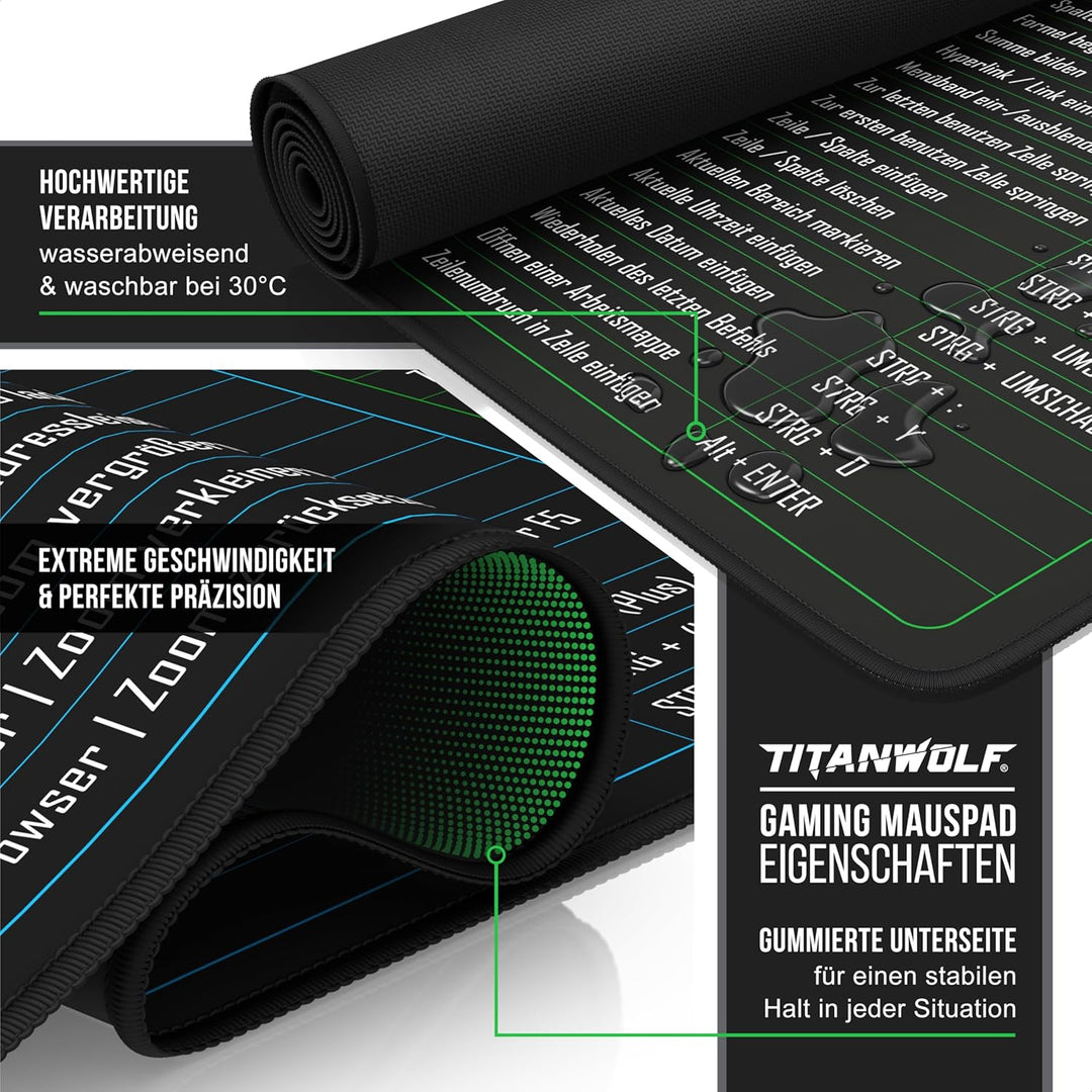 TITANWOLF - XXL Speed Gaming Mauspad 1200 x 600mm - Excel Windows Outlook Word Shortcut Tastenkürzel