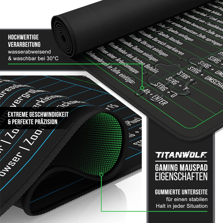 TITANWOLF - XXL Speed Gaming Mauspad 1200 x 600mm - Excel Windows Outlook Word Shortcut Tastenkürzel