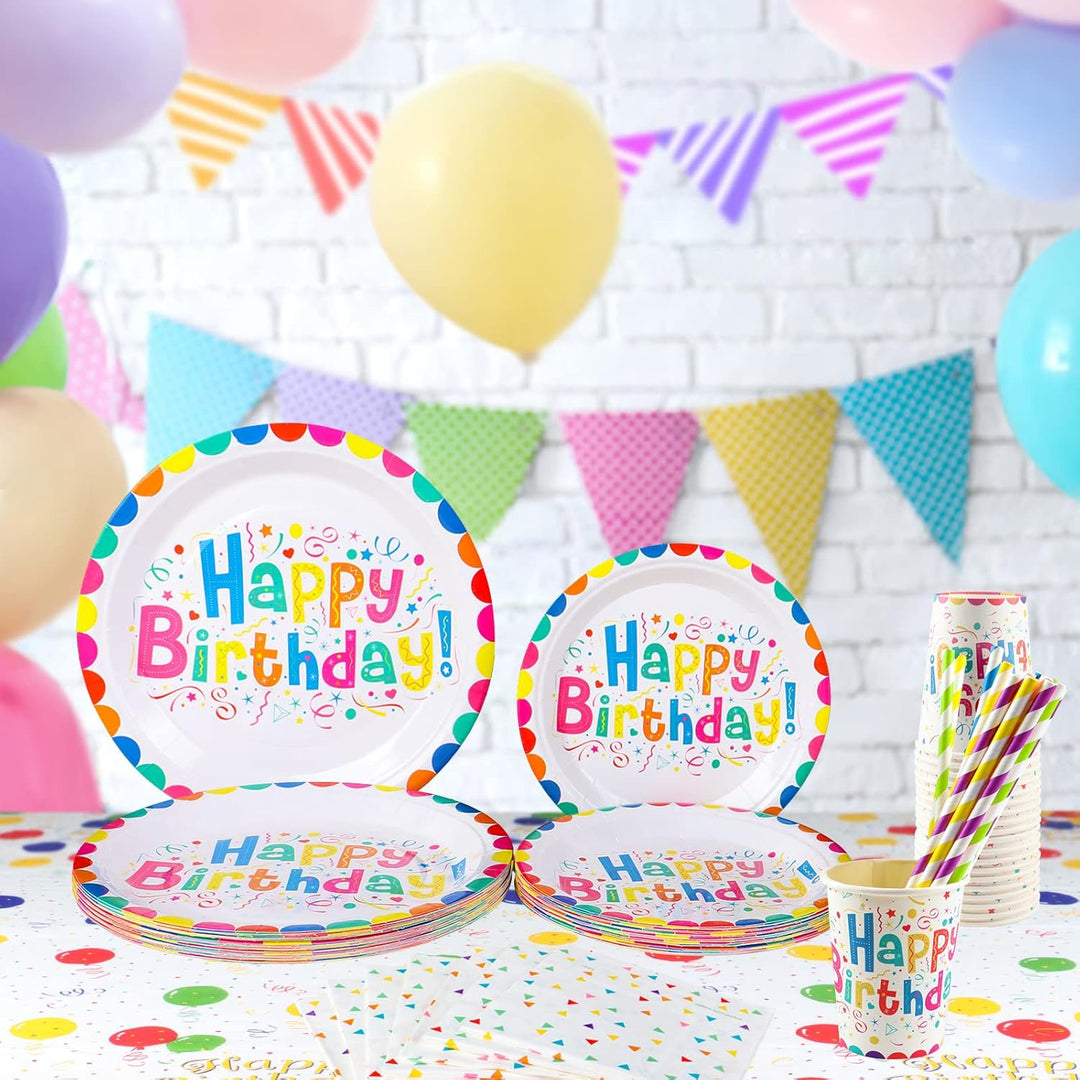 101PCS Geburstag Partygeschirr Pappteller Set Bunte Partyteller Partybecher Servietten Strohhalme Ti