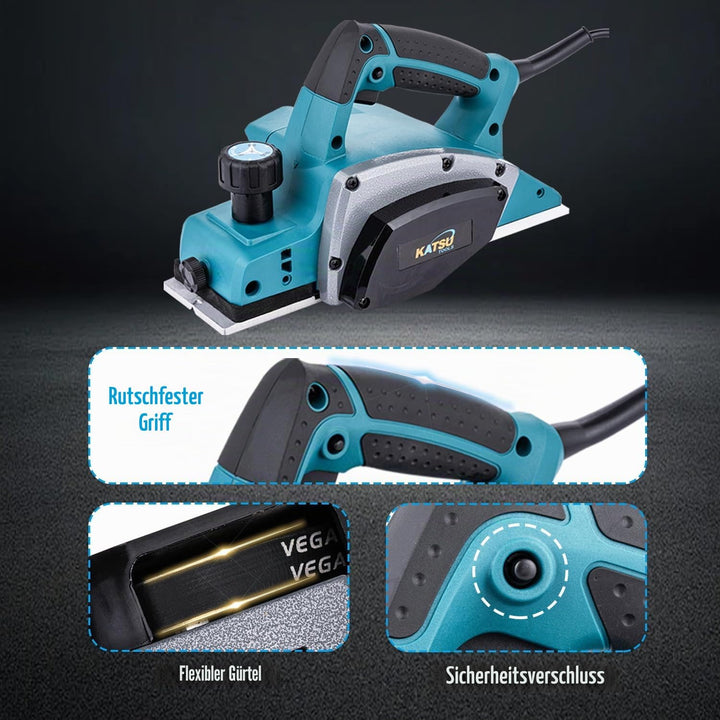 KATSU Tools Elektrohobel, 600 W, handgeführter, kabelgebundener Holzhobel, 82 mm Hobelbreite, 2 mm S