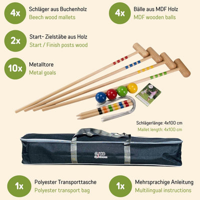 GICO Qualitäts Krocketspiel/Krocket/Crocket für 4 Spieler (100 cm Erwachsenengrösse) mit Transportta
