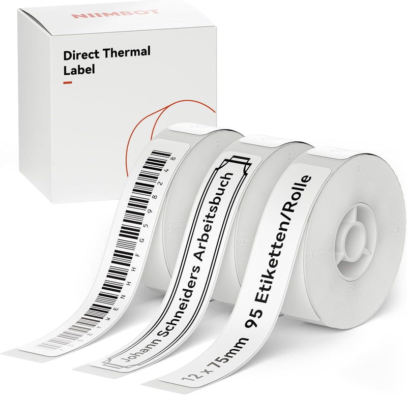 NIIMBOT Thermo Etiketten Selbstklebend, 12 x 75mm Etikettendrucker Thermopapier Kompatibel mit dem D