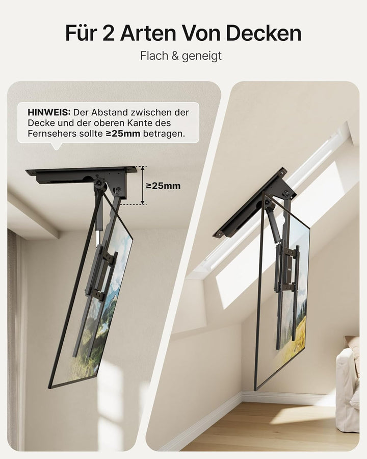 monTEK Motorisierte TV Deckenhalterung von 32-75 Zoll bis zu 55 kg, Klapp Deckenhalterung für Flache