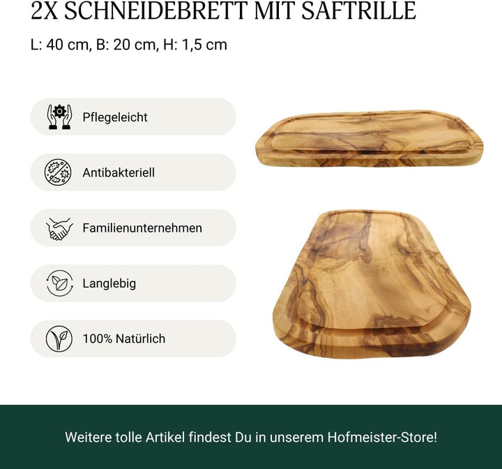 2x HOFMEISTER® Schneidebrett Saftrille Olivenholz - praktisches Set aus zwei Brettern aus Olive mit