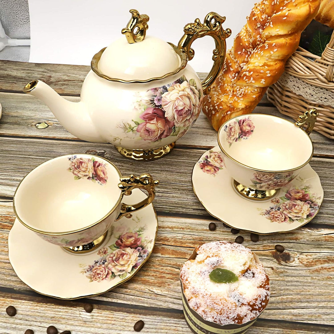 fanquare 15 Stück Rose Blumen Englische Keramik Tee Sets, Vintage China Kaffee Set, Tee Service für