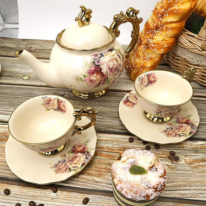 fanquare 15 Stück Rose Blumen Englische Keramik Tee Sets, Vintage China Kaffee Set, Tee Service für