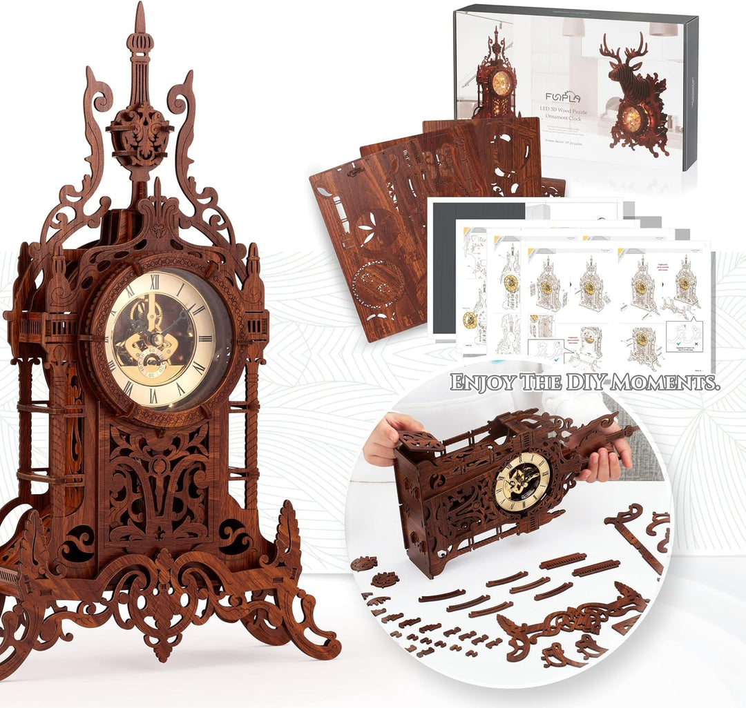 FUNPOLA 3D Puzzle Erwachsene LED Turm Uhr, 3D Holzpuzzle Erwachsene Gebäudemodell, 3D Puzzle Holzbau