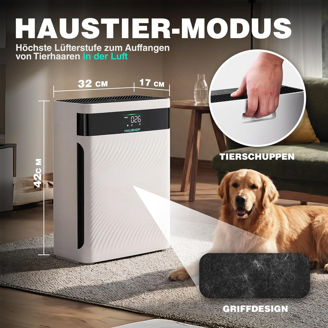 HAUSHOF Luftreiniger Allergiker mit HEPA Luftfilter entfernt 99,97% Partikel wie Staub, Pollen, Tier