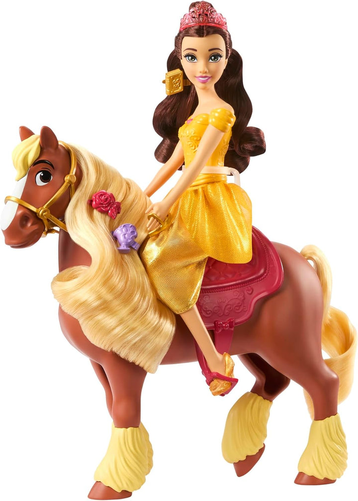 Mattel Disney Princess Toys, Belle Fashion Doll & Philippe Horse mit Sattel, bürstbare Mähne & Schwa
