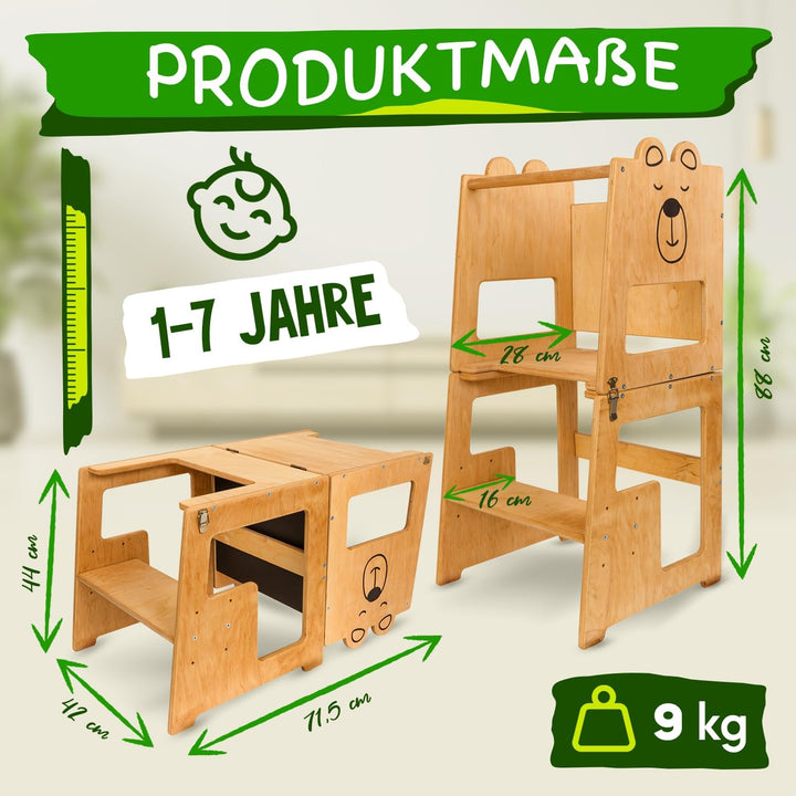 KAUZA Lernturm für Kinder ab 1 Jahr Klappbar, 3 in 1 Montessori Learning Tower, Kippschutz Kinderhoc