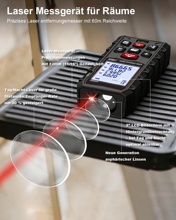 Laser Entfernungsmesser Messgerät für räume - 60M Dual-Level IP54 Wasserdicht, Entfernungs-/Flächen-