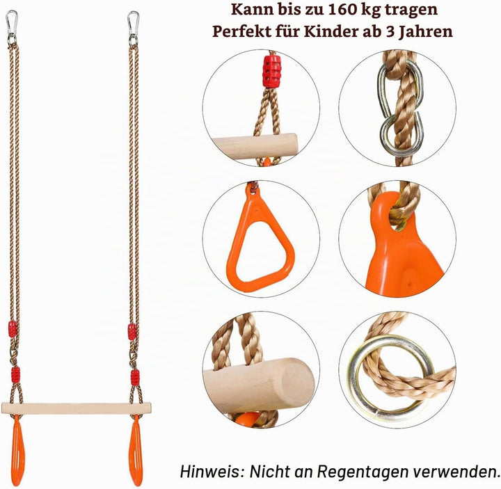 PELLOR Multifunktions Kinderholz Trapeze Schaukel mit Kunststoff Turnringe zum Aufhängen belastbar b